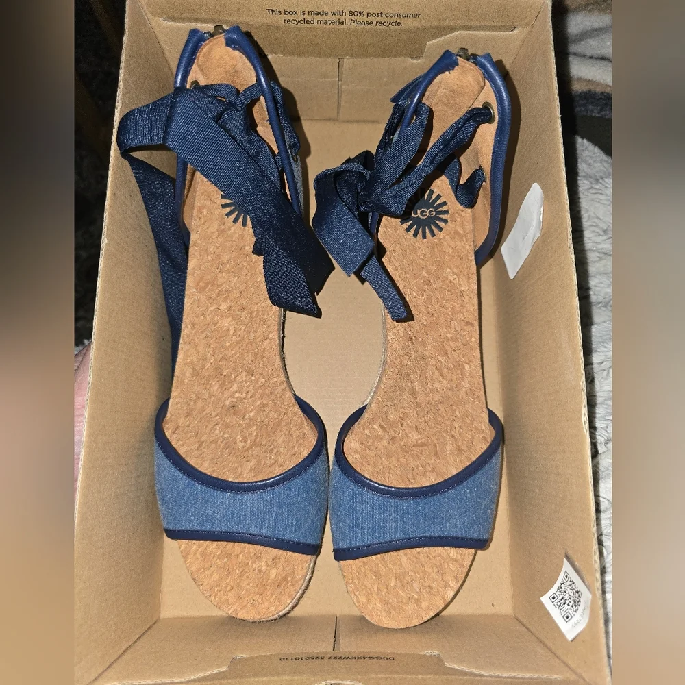 NWB UGG Amell Open Toe Lace Up Denim & Jute Wedge Espadrille Size 10